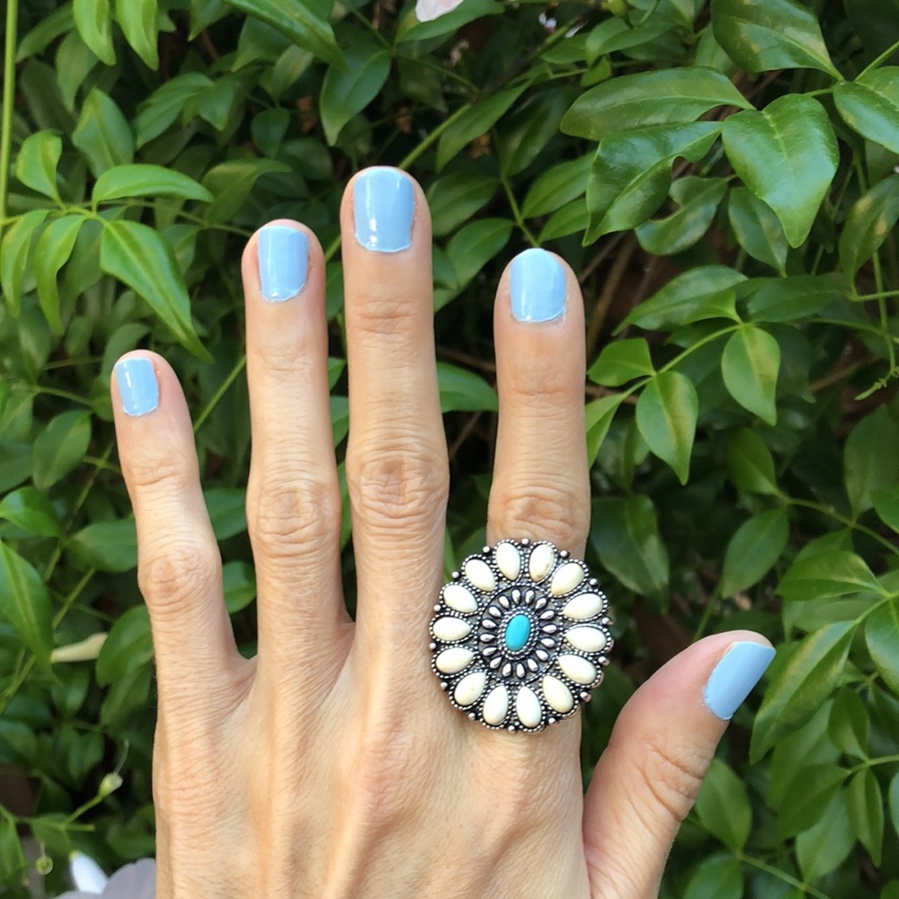 Cream + Turquoise Boho Flower Statement Ring - image 5